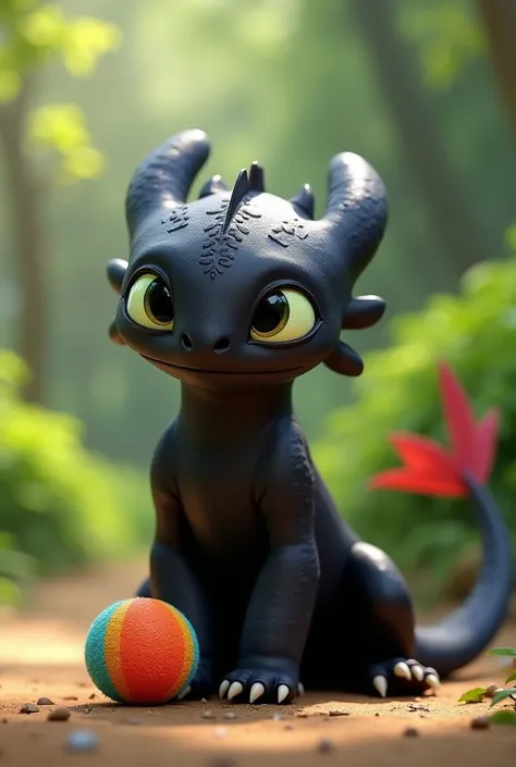 Toothless from “how to train a dragon” sitting while chewing a playing ball