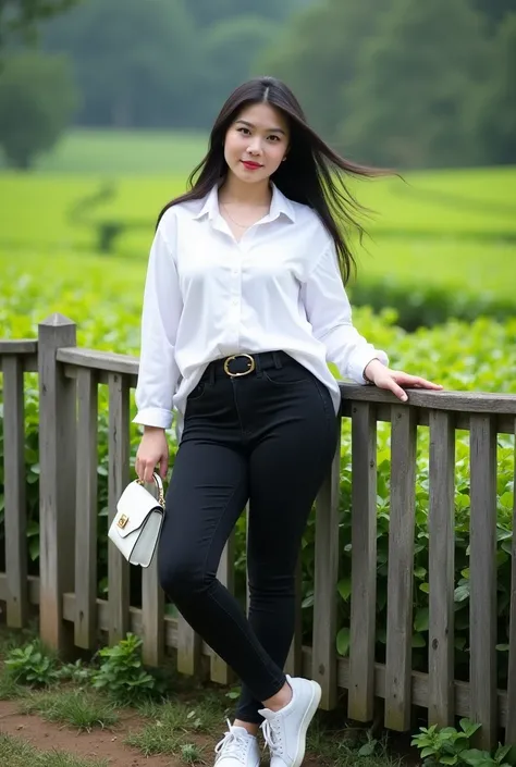  Slightly obese 25-year-old beautiful Asian woman with long hair straight black ,bluish blowing wind , wearing.wearing kemeja putih,buckle, black jeans with a slight midsection , wearing white Nike shoes, Watched standing leaning against a wooden fence whi...