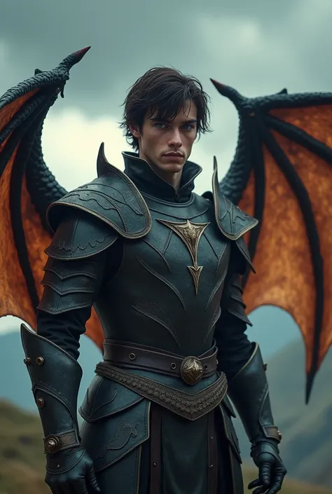 dark brown hair blue eyes guy with dragon wings and medieval armor with small horns