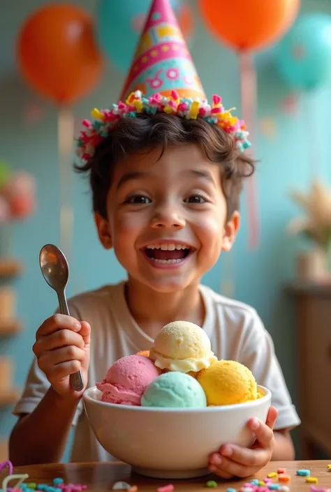 Young Man smiling in happiness on his birthday wearing a birthday hat, holding a bowl with four ice cream balls in one hand and spoon in the other. With party atmosphere in the background. Long shot. Vibrant colors. Colorful. 4K