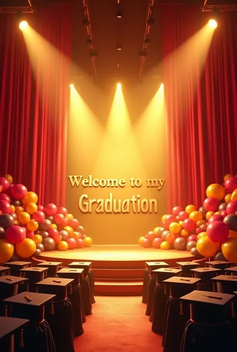 Graduation stage with caps and balloons Dorado with red curtains and lots of brightness with show lights without people focused on the design to Kinder ren that say a sign welcome to my graduation.