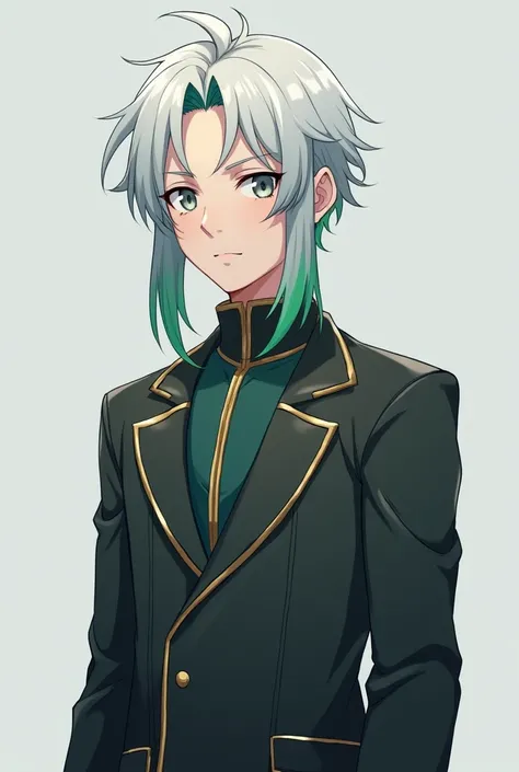 A young man with gray eyes and white hair with green tips and a fringe, Coria did not style Anime dressed in the uniform of my Hero Academy

