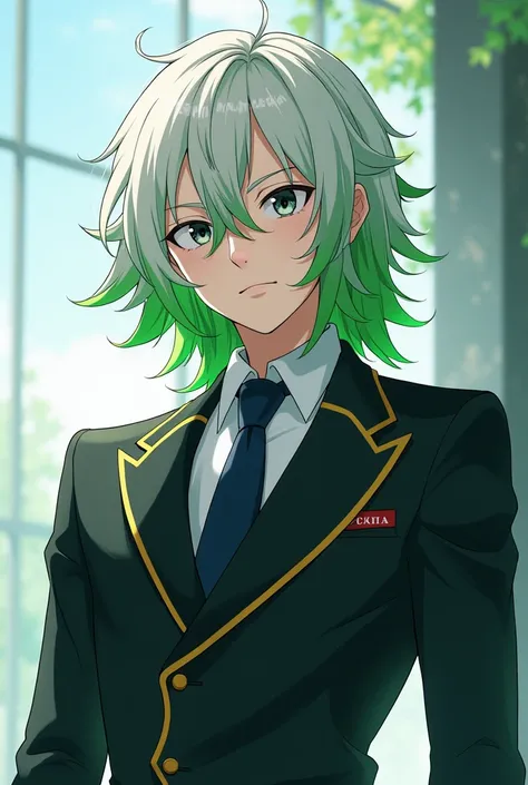 A handsome young man with gray eyes and white hair with green tips and a fringe, Coria did not style Anime dressed in the uniform of my Hero Academy

