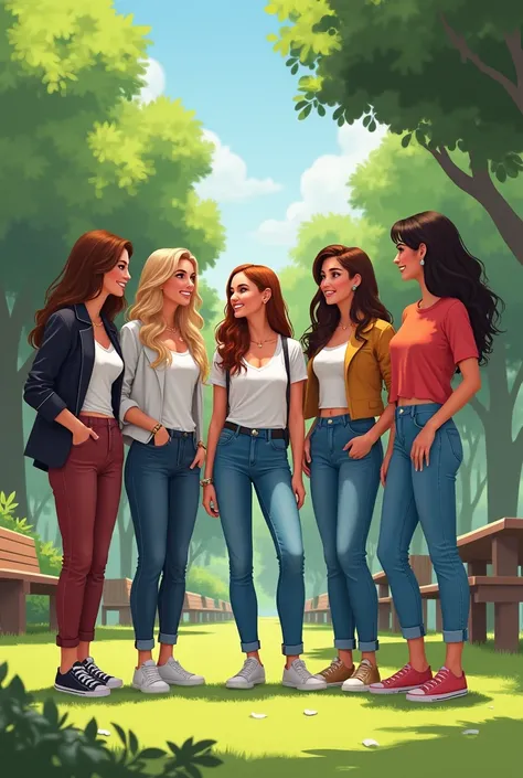 I need a group of 5 female friends all dressed casually in a park but one of them is dressed much more elegantly with a jacket and pants and with more accessories 