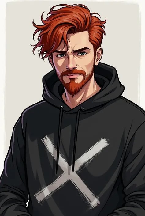 Could you generate an image for me of a person with dark red hair and whose hair is disheveled but dont go too far with its length, That the jaw is not marked ,  that his beard and mustache are very short and also a red haired ,  that the person wears a bl...