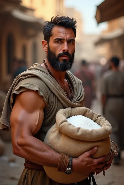 "A strong man in his 40s, with short, dark hair, a thick beard, and olive skin, stands in a bustling ancient marketplace. He holds a burlap sack filled with salt, looking confidently at the camera. The scene is lively with other merchants in the background...