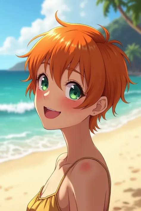 1girl, orange hair, short hair, pixie cut, green eyes, smiling, at the beach