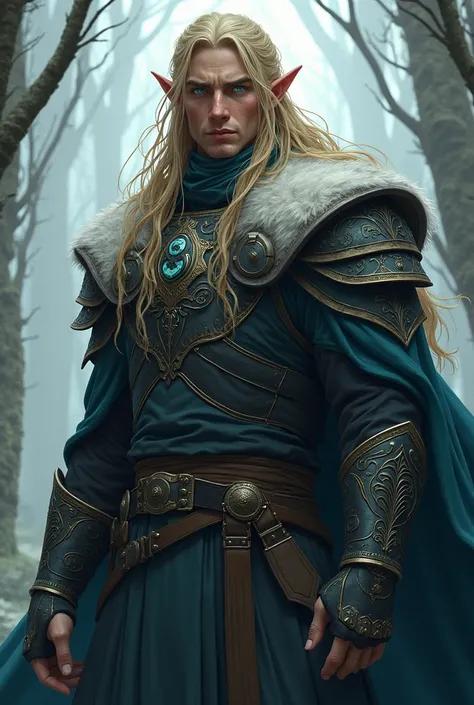 man, Nordic,  long blonde hair ,  blue eyes , Elf ears, warrior, serious expression and elegant demeanor, Anime 2.0, realistic