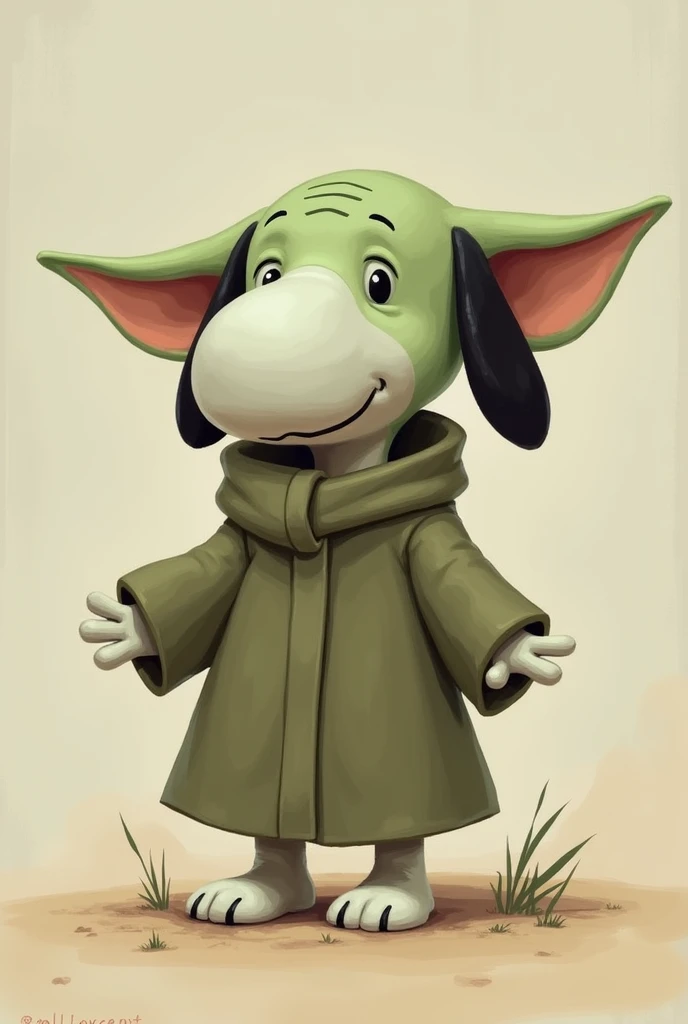 dibujo de Snoopy disfrsado de baby yoda starwar , Snoopy, baby yoda,  soft background , Snoopy con la toga y laas orejas de baby  yoda, starwar 