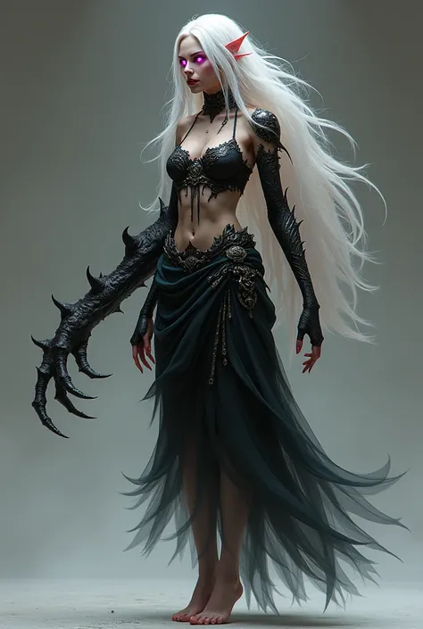 a woman with sharp teeth, pink glowing eyes, long white hair, black demoniac right arm with claw, ornate top, side wrap skirt, (barefoot),