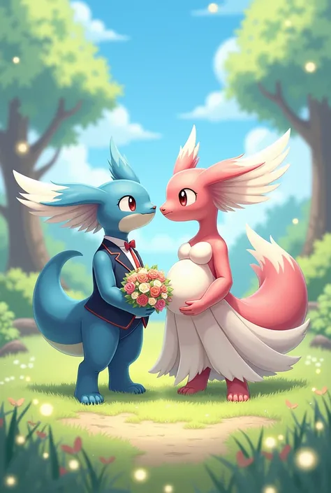 Two Pokémon getting married 
One is pink with wedding dress and pregnant and the other is blue male with suit 
