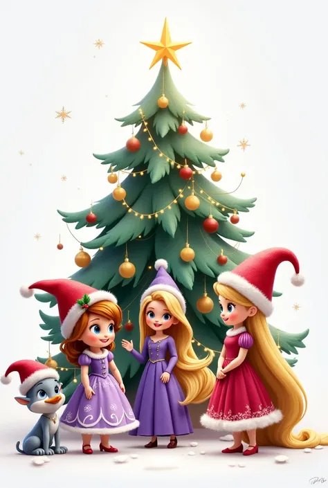  Create an image containing the following characters : Little princess Sofia , Barbie, bibble , rapunzel. All characters wearing Christmas hats ,  a Christmas tree in the background and more Christmas decorations. fondo blanco