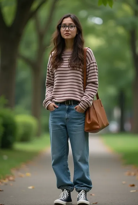 Hyperrealistic 3*4 photograph of a young colombiana woman on a park background. Dark brown eyes, long wavy light brown hair, green eyes, thin glasses, washed striped sweater, baggy jeans, converse, tote bag. Worried expression 