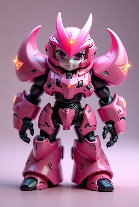  A collectible Nyxal chibi doll in its titan .  Its armor is predominantly bright pink ,  with black and white details that reflect its strength and compassion.  shape It wears a pink visor that emits a warm and protective glow . Neutral background to high...