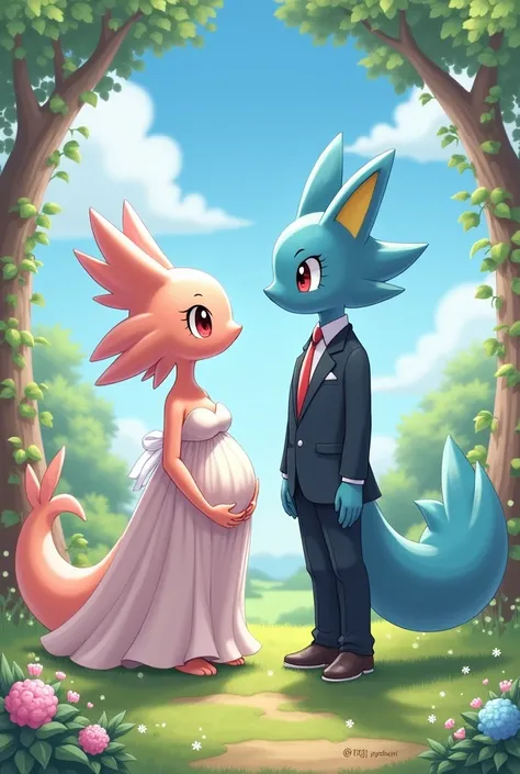 Two Pokémon getting married 
One is pink with wedding dress and pregnant and the other is blue male with suit 
