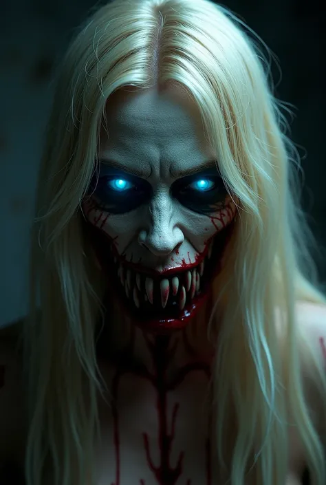  The bloody face of a guy with glowing blue eyes,  long blond hair, The face is hidden behind a mask, depicting sharp teeth 