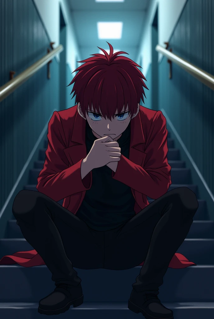  An adolescent man with dark red hair  , black shirt and red coat ,  with his hand on his chest sitting suffering an anxiety crisis on a school staircase Anime and graphic style,anime