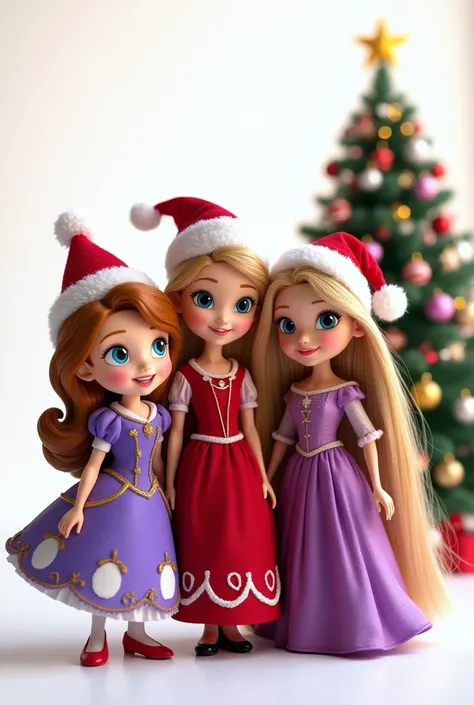  Create an image containing the following characters : Little princess Sofia , Barbie, rapunzel. All characters wearing Christmas hats ,  a Christmas tree in the background and more Christmas decorations. fondo blanco