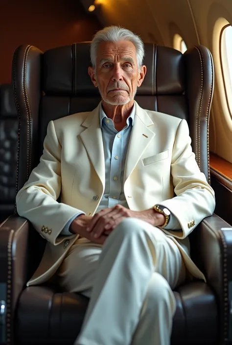 (photorealism:1.2), Create an elderly man in a white suit sitting in an airplane armchair he is facing the spectator 