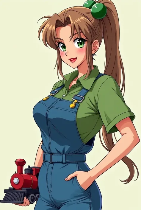  Serena, a beautiful 25-year-old woman with light brown hair tied in a high tail that reaches up to her shoulder, two green balls in her ponytail ,  her fringe split in half falling on her forehead ,  green eyes, red and sensual lips,sexy smile,  beautiful...