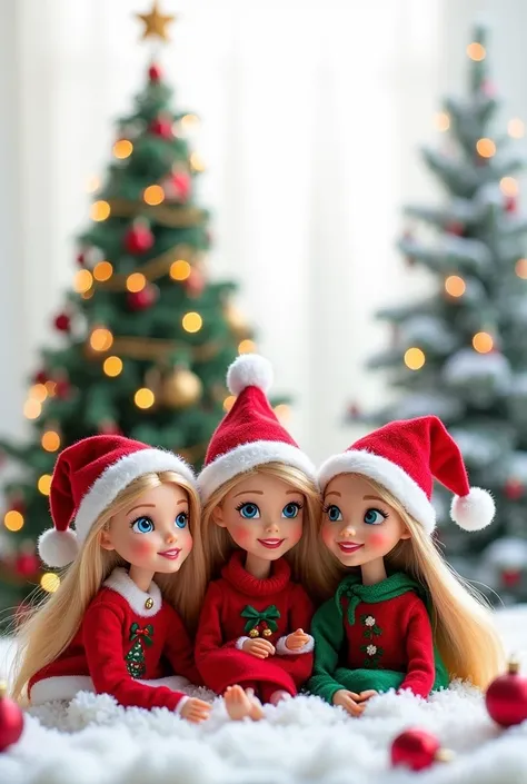  Create an image containing the following characters : Barbie, Little princess Sofia , rapunzel. All characters wearing Christmas hats ,  a Christmas tree in the background and more Christmas decorations. fondo blanco