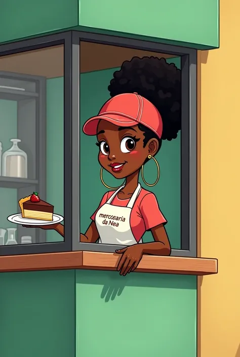  a black woman , wearing a cap ,  apron and the apron says  "mercearia  da Nea"  she is holding a piece of chocolate pie on a plate with one hand and a hot dog on another plate with the other hand,  and this woman is inside a vendine /mercearia . in cartoo...