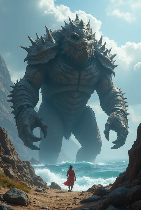 Behemoth, a huge terrestrial creature , emerging from the earth ,  looking out to the ocean where Leviathan is."
