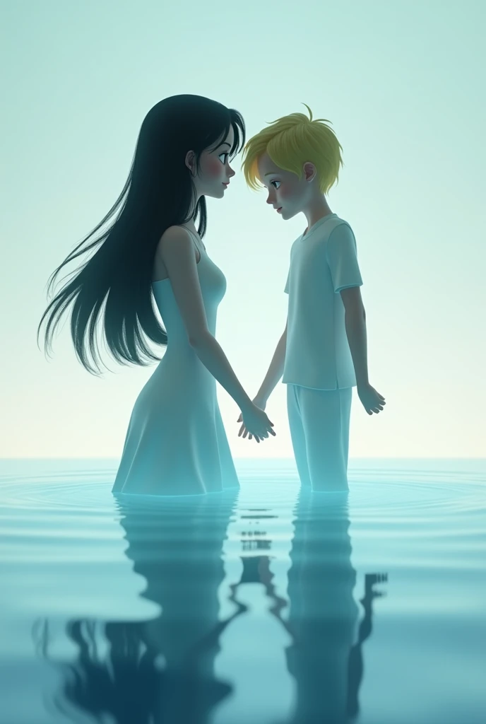 Draw in the form of transparent glass like water the silhouette of mom very very long straight black hair and son smooth blond hair on water in 3D pixar