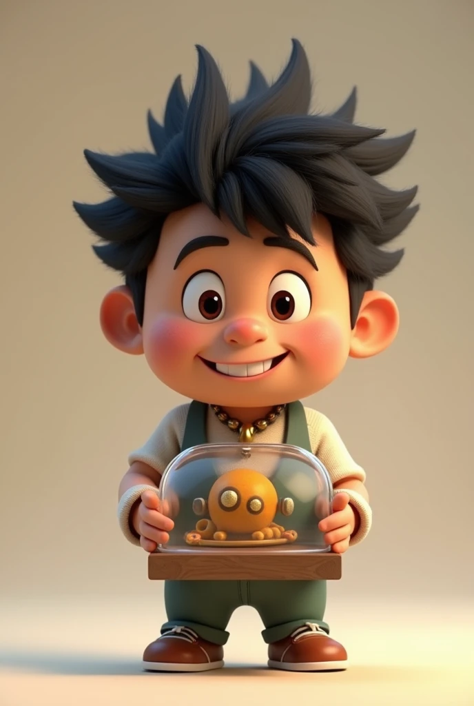 I want 3D PIXAR A small black-haired man with a necklace with the name Domingos holding an acrylic cage 