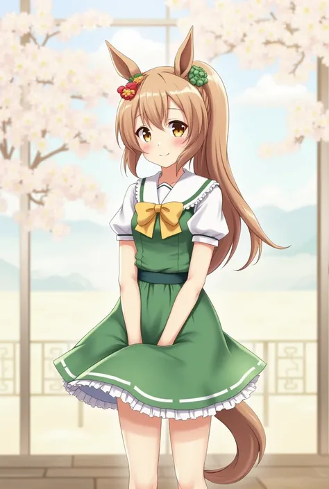 1 girl, Alone, Uma Musume, Equine girl , horse ears,  Ponytail, brown eyes,  brown hair, long hair, light smile, ear bow,  ruffle skirt,  green skirt ,  high waist skirt ,   puffed short sleeves, delgado, slender, (Japanese:0.8)