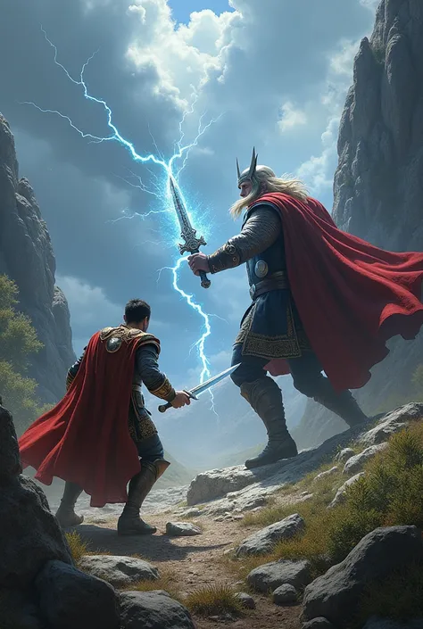 A Janissary officer wielding a magic sword facing off against Thor- who is wielding his enchanted hammer. The fight is taking place in a valley. Both are in an angry, agitated state- coming towards one another in full force. 