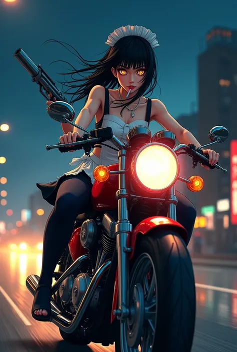 (Amazing. Very high quality. So beautiful. So detailed. Perfect face. Perfect eyes. Perfect anatomy.) Japanese animation cel. Vivid colors. Dynamic perspective. Night. A female maid riding a large detailed red motorcycle on a Japanese highway, holding a de...