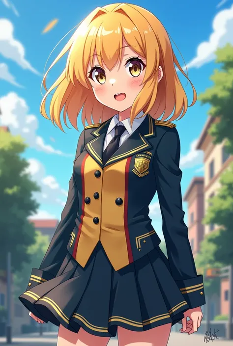 a blond haired amine girl who wears my hero acadenia uniform