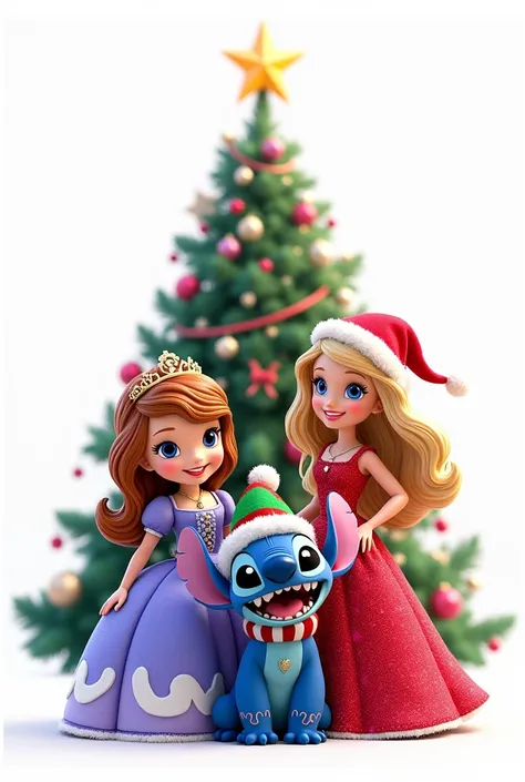  Create an image containing the following characters : Little princess Sofia , Stitch and Barbie. All characters wearing Christmas hats ,  a Christmas tree in the background and more Christmas decorations. fondo blanco