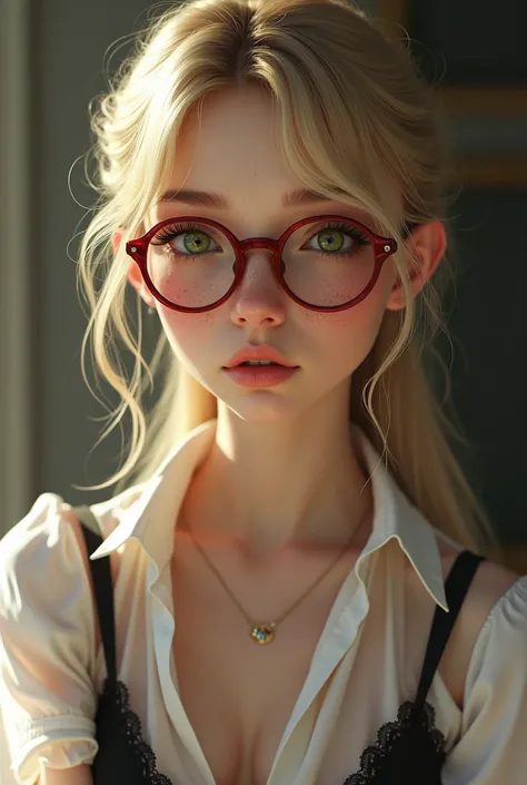 Beautiful  old girl
White skin
Green eyes 
Long blonde hair with bangs and tied in a ponytail 
Red-framed glasses
Small round nose 
Nerd 
Nerd 
Small breasts
Slim and slender 
Wearing a thin white blouse that you can see the black bra underneath
Freckles a...