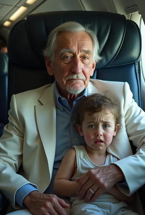 (photorealism:1.2), Create an elderly man in a white suit sitting in an airplane armchair he is facing the spectator. Next to the . Elderly has a  crying in the next seat 