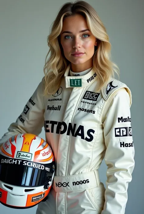 Margot Robbie 22 years old dressed in Formula 1 uniform holding Formula 1 ambient box helmet