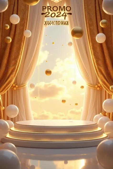 Fantasy stage with floating golden balloons and white balloons on the top, glitters with gold curtains and white with a large platform without people and a sign with gold lights on the top that says Promo 2024 Kinder.
