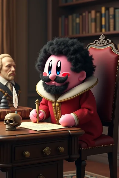 Kirby Shakespeare with curly black hair and black beard writing 