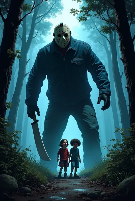 Friday the 13th jason voorhees,MACHADO, Forest the girl and boy are scared of Jason in the dark at night,fog,Cartoon style from Hq comics books