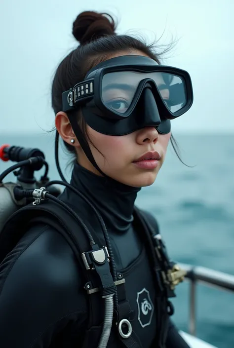 Super detail, High resolution, Realistic, Masterpiece ,8k.UHD., An Asian scuba diver woman with heavy diving geas, white skin, wearing a wet suit, diving goggles (over her head), oxygen tank, diving fins, she on the boat, sea in the background.