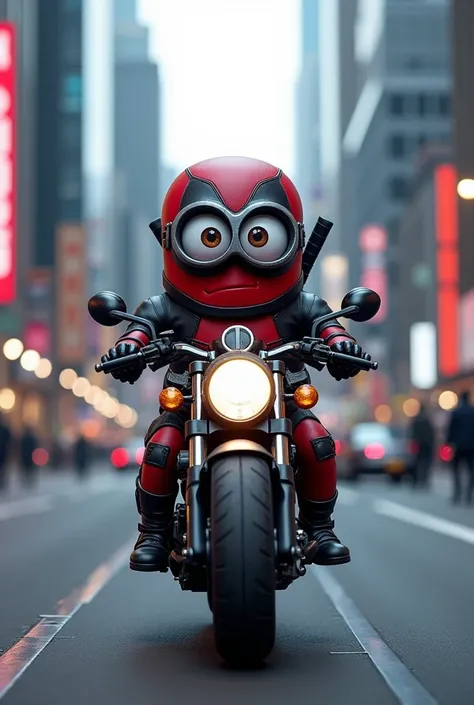 photography, ultra realistic, a Minion with two eyes with Minion glasses and riding a motorcycle, dressed as Deadpool 8k, future, on the street