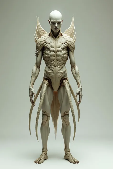 A creature that looks very much like a human, only it is naked and covered with chitinous skin. only the arms, feet and head are not covered with chitin. It looks like a pale, bald man.
