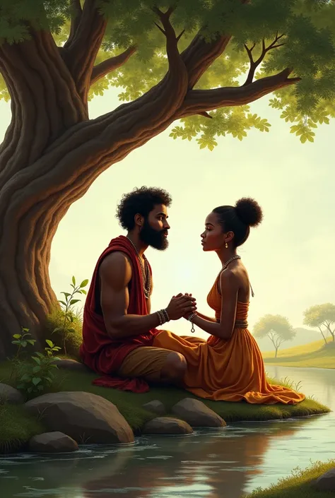 another(Man ) with lots of hair and Nia (Women ) sitting by a small river ,  holding hands and making promises to each other under a sacred tree ( Maasai ).