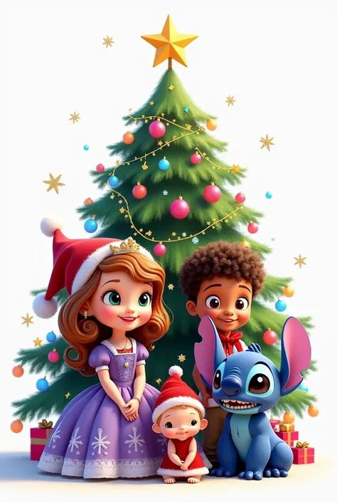  Create an image containing the following characters : Little princess Sofia , Stitch, Barbie and a little brown boy, pelinegro, crespo, with brown eyes, delgado. All characters wearing Christmas hats ,  a Christmas tree in the background and more Christma...