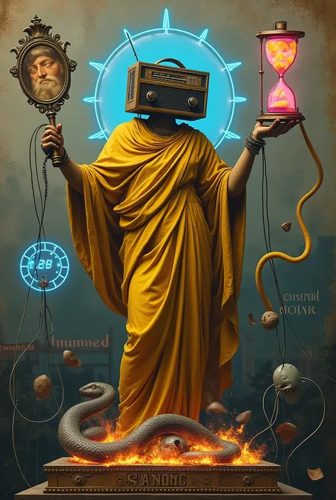 A surreal and thought-provoking collage artwork with a blend of classical and modern aesthetics. The central figure is a deity-like humanoid statue wrapped in golden drapery, its head replaced with a vintage radio emitting glowing soundwaves. One hand reac...