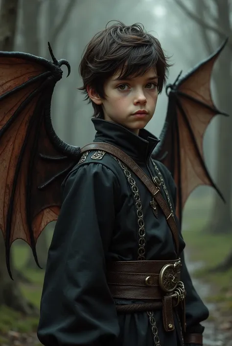 dark brown hair with brown eyes boy with demon wings wearing medieval cloths