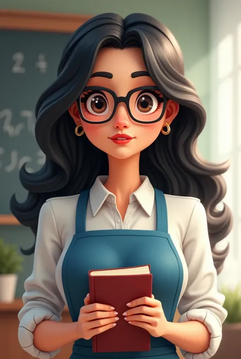 Creating a woman in animated style ,  she is wearing a blue teachers apron ,  she has dark brown eyes and wears black eyeliner , She wears black and square lenses ,  her lips are red and her hair is wavy and black and reaches below her shoulders and she ha...