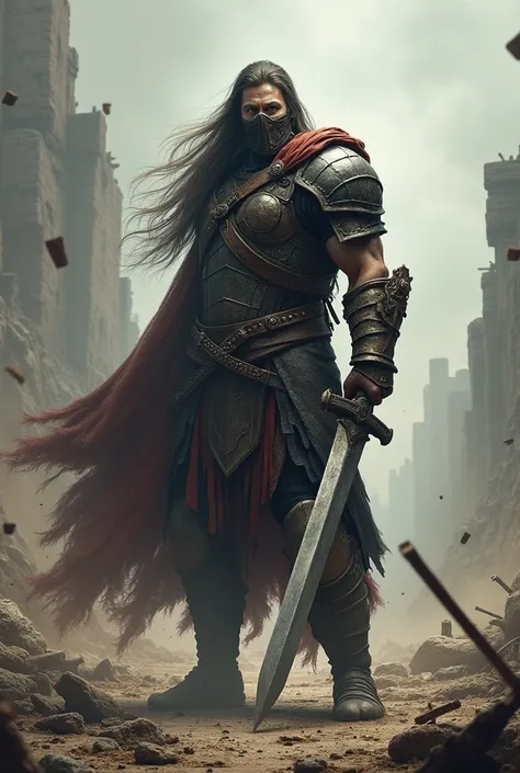  warrior, sitting in battle field, long hairs, mask on face, sword in hand, deep eyes