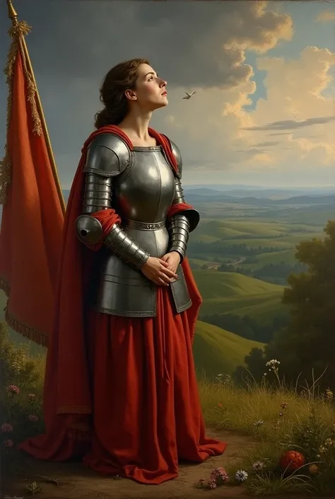 create art of saint joan of arch in Renaissance painting with emotion face looking at sky